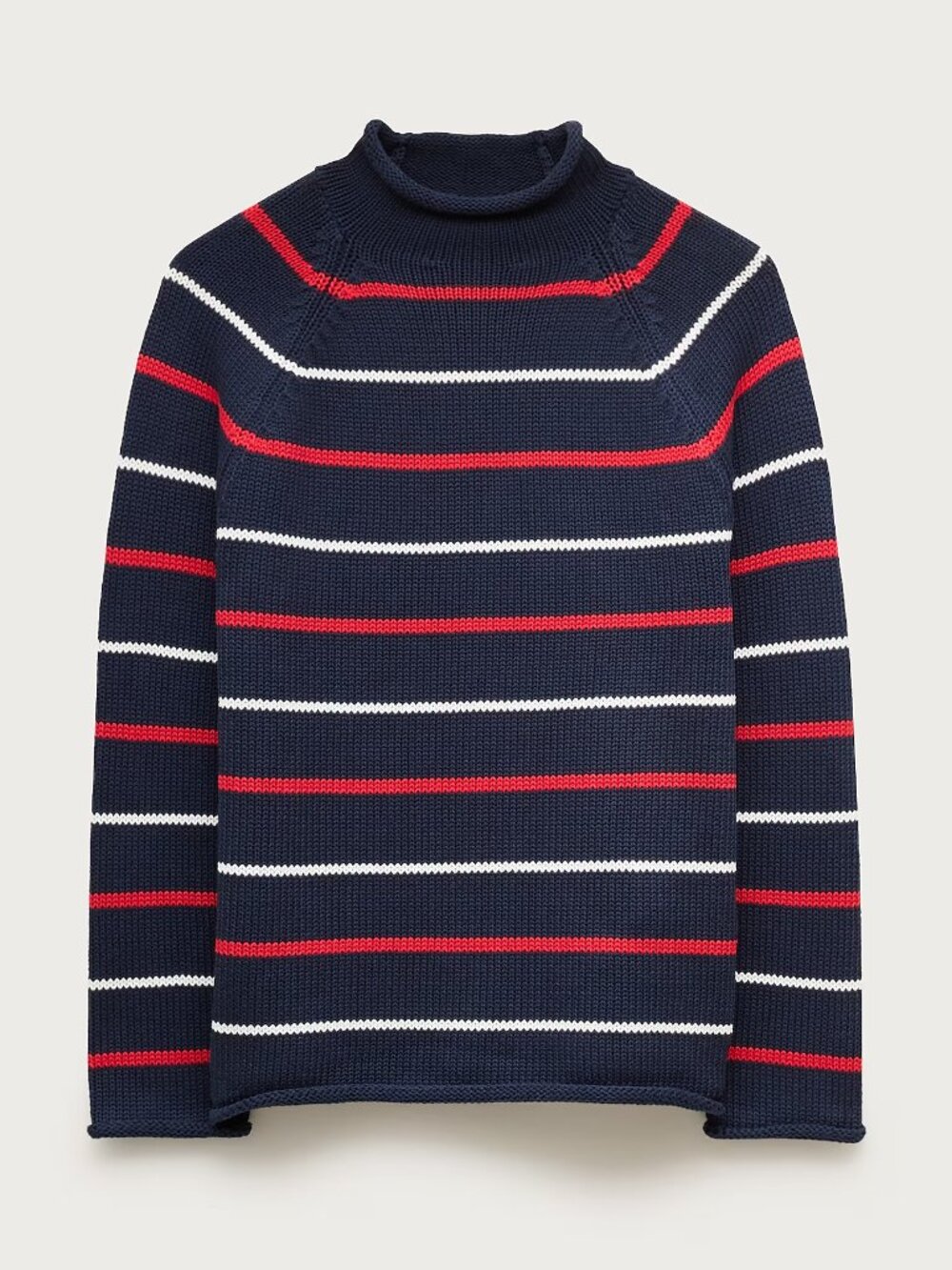 J.Crew 1988 Rollneck Sweater, Navy with Red/White Stripes, Men's Medium